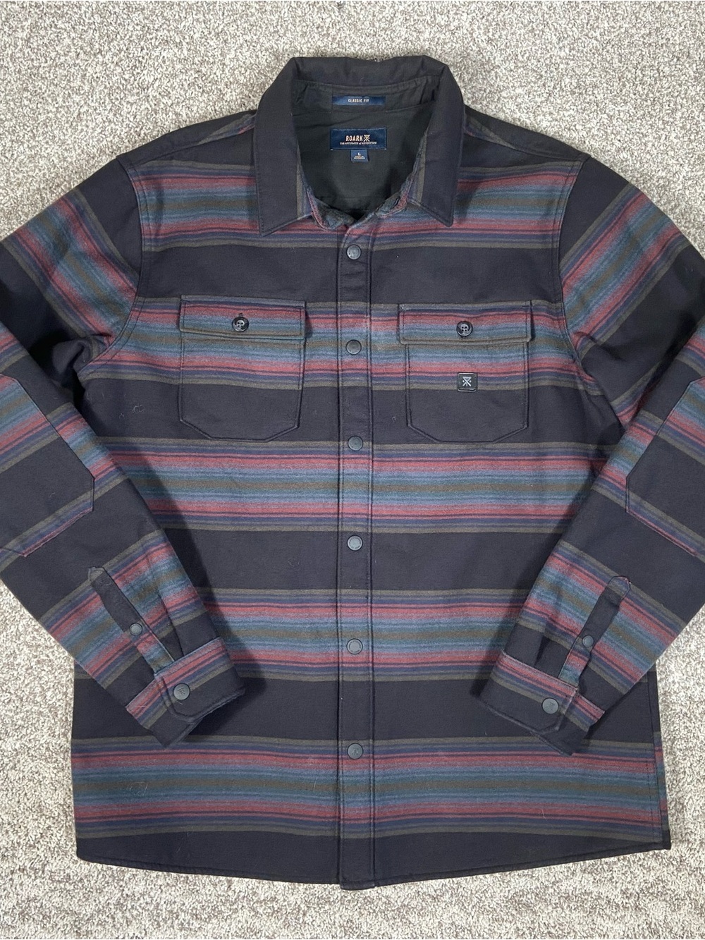 Roark Revival Axeman Jacket Mens Large Black Chore Southwestern Print Snap On
